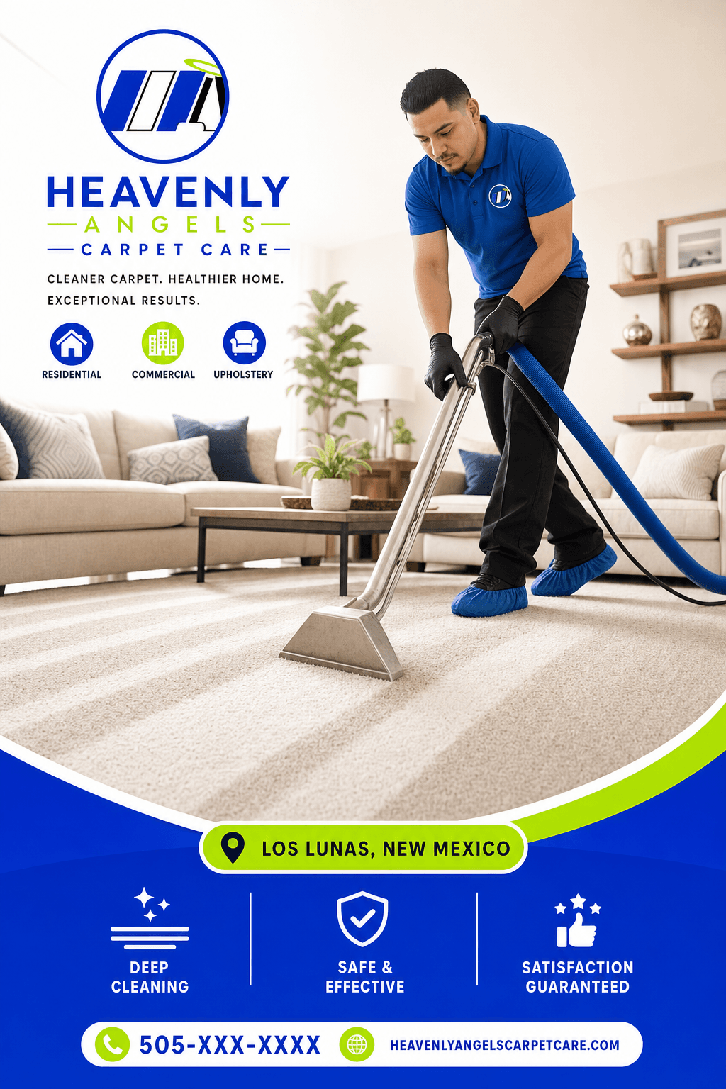 Vertical marketing graphic for Heavenly Angels Carpet Care showing professional carpet cleaning with fresh results