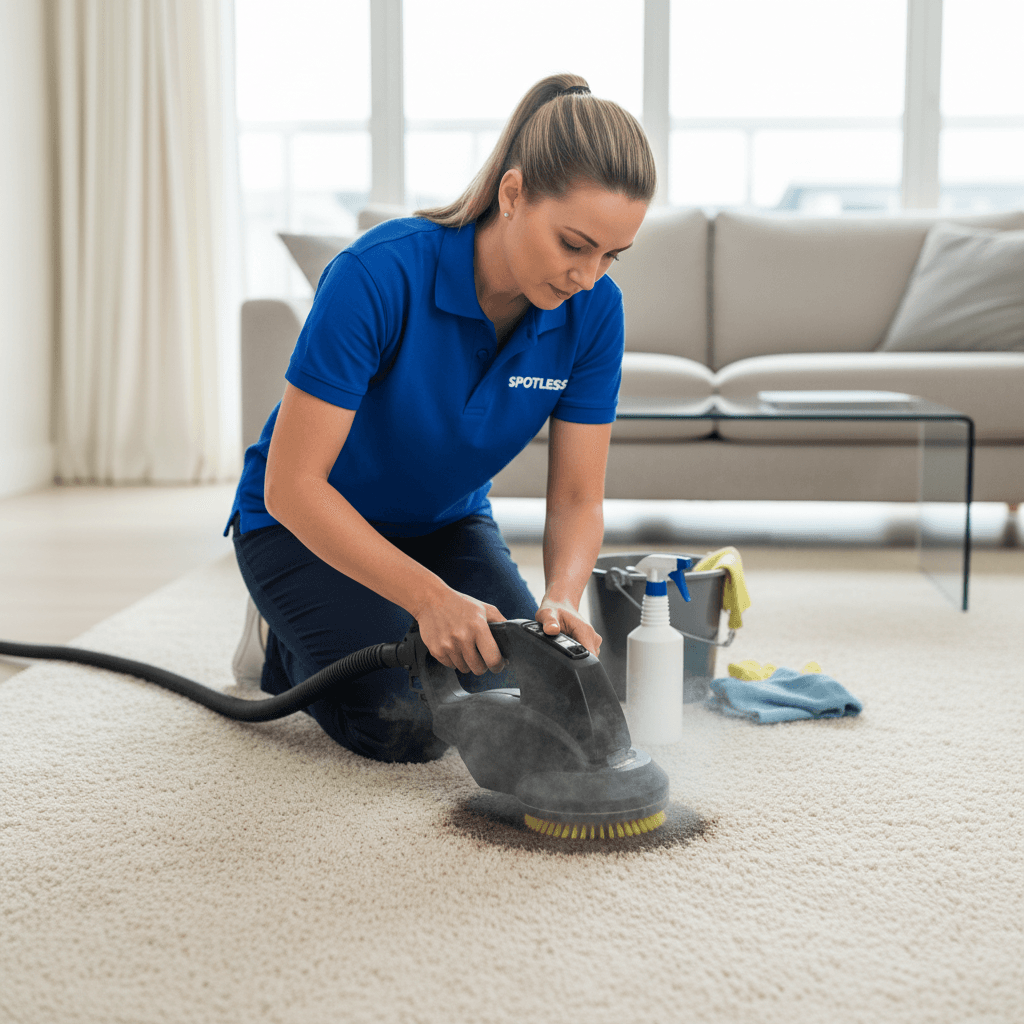 Professional cleaner kneeling on residential carpet to treat a stubborn stain