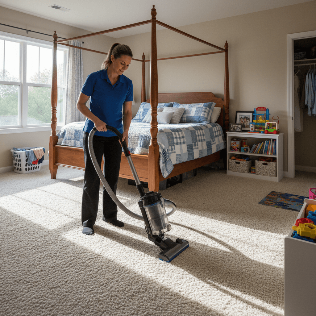 Professional cleaner vacuuming a bedroom carpet in a family home