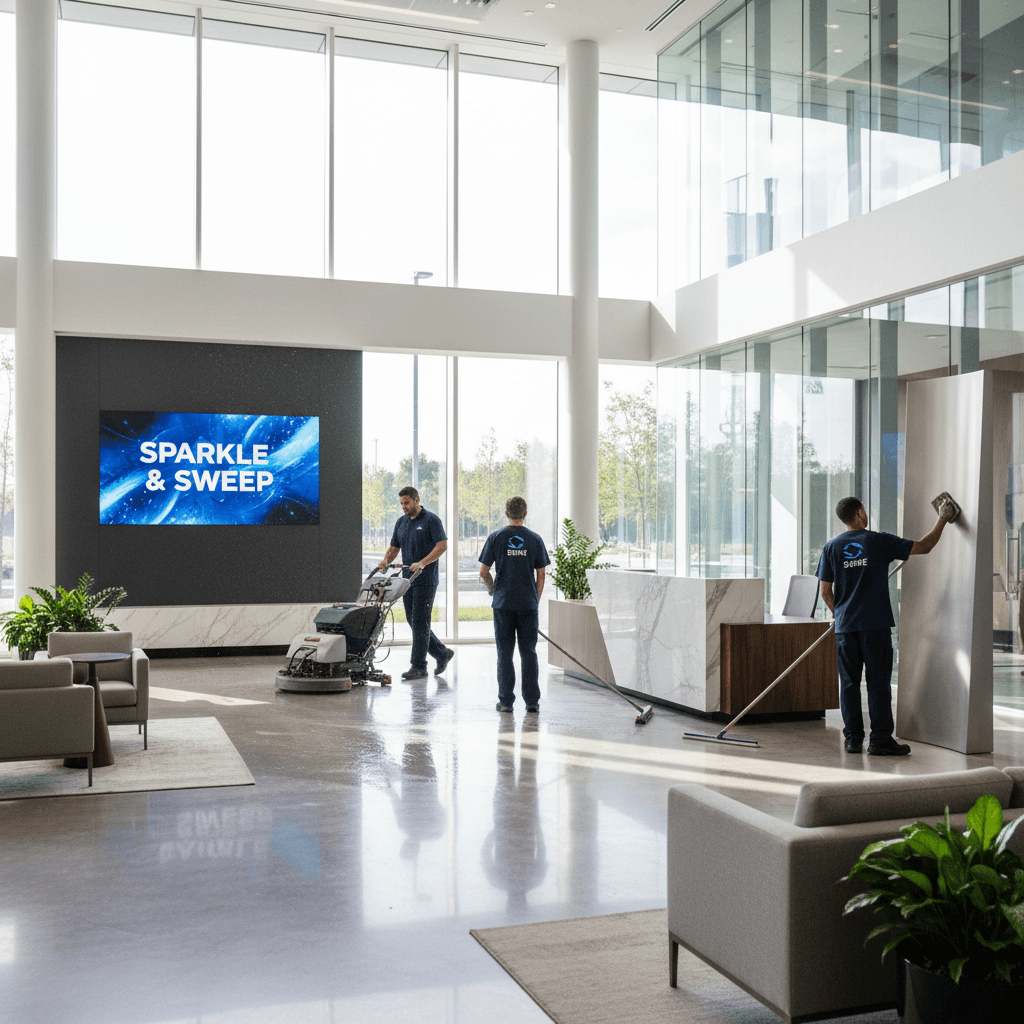 Professional cleaner vacuuming and refreshing a modern commercial office lobby