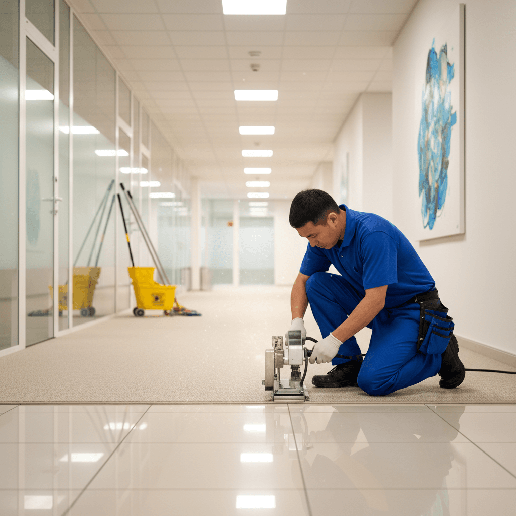 Professional cleaner finishing a carpet edge in a bright office hallway