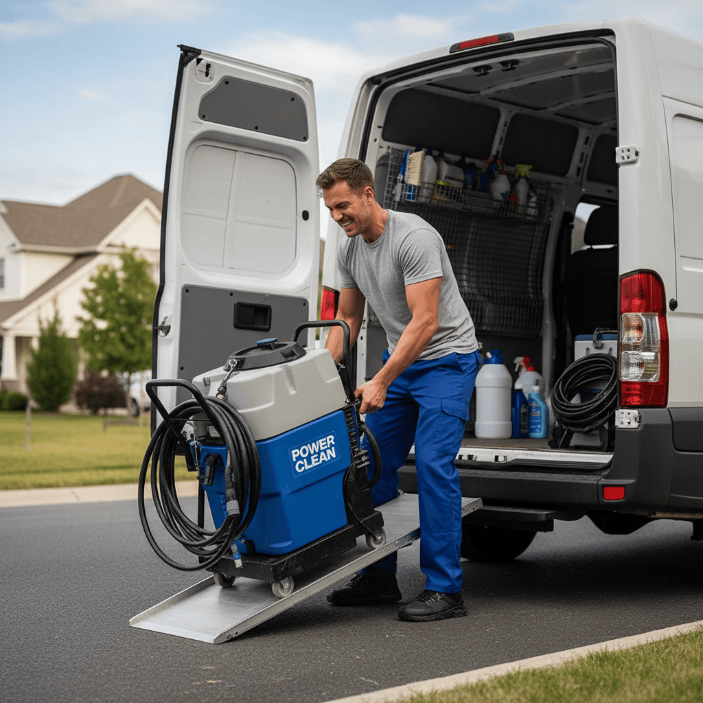 Professional cleaner loading a portable carpet cleaning machine into a service van