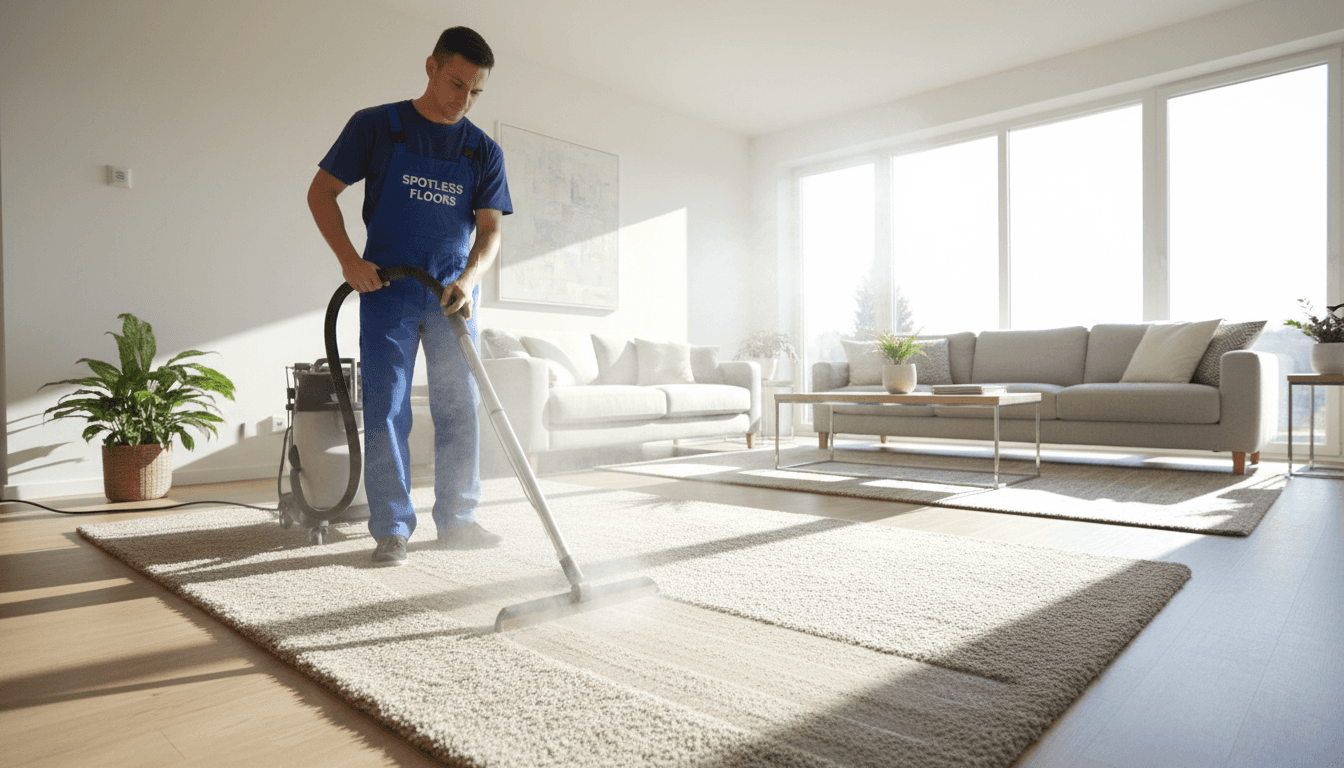 Professional carpet cleaner using steam cleaning machine on living room carpet with bright natural light