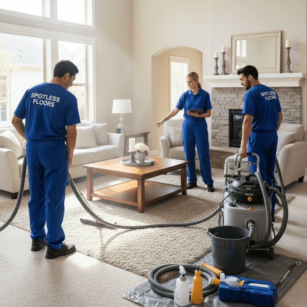 Professional cleaner using carpet cleaning equipment in a suburban home living room