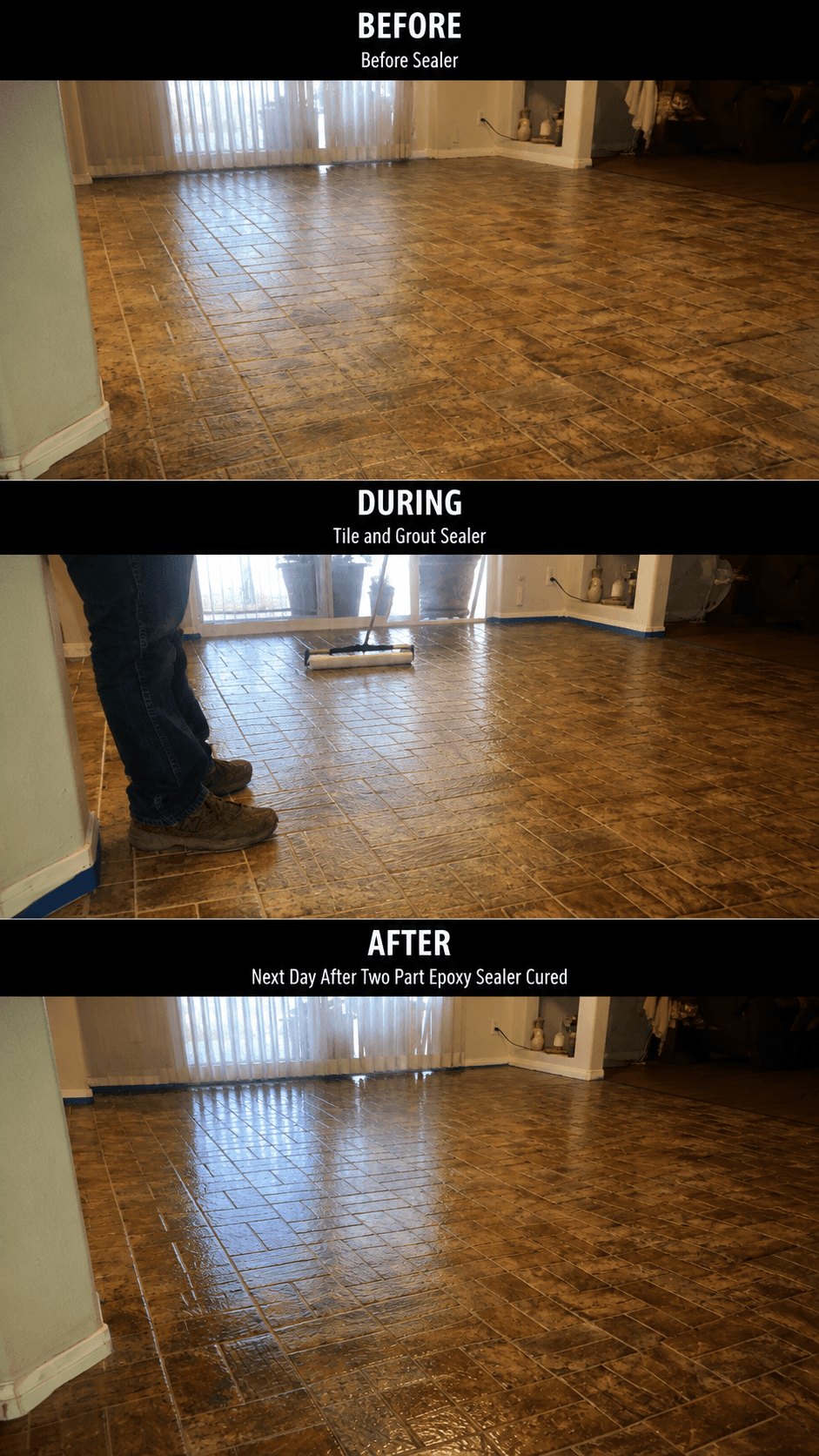 Three-panel comparison of a brown tile floor before, during, and after applying glossy epoxy sealer.