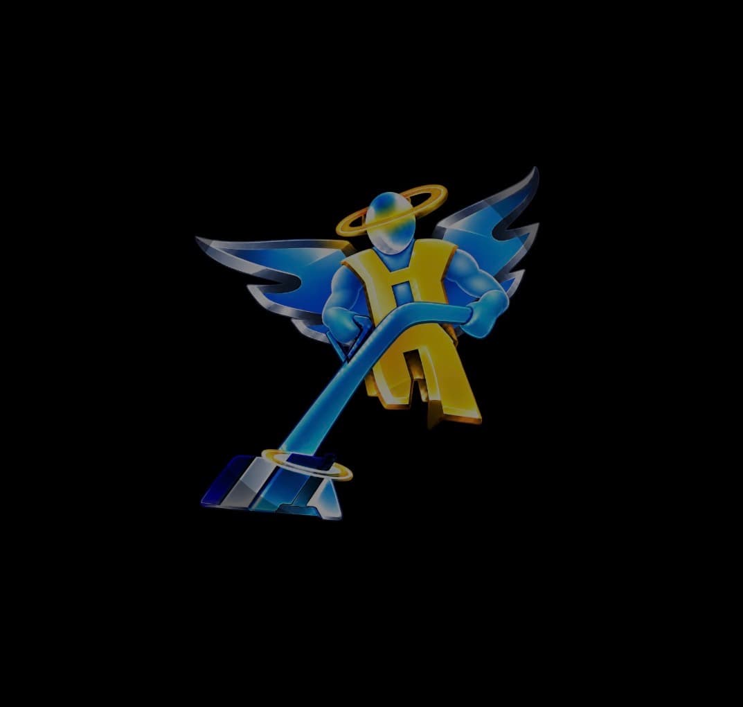 Glossy blue winged figure with a halo wearing a yellow H vest using floor equipment.