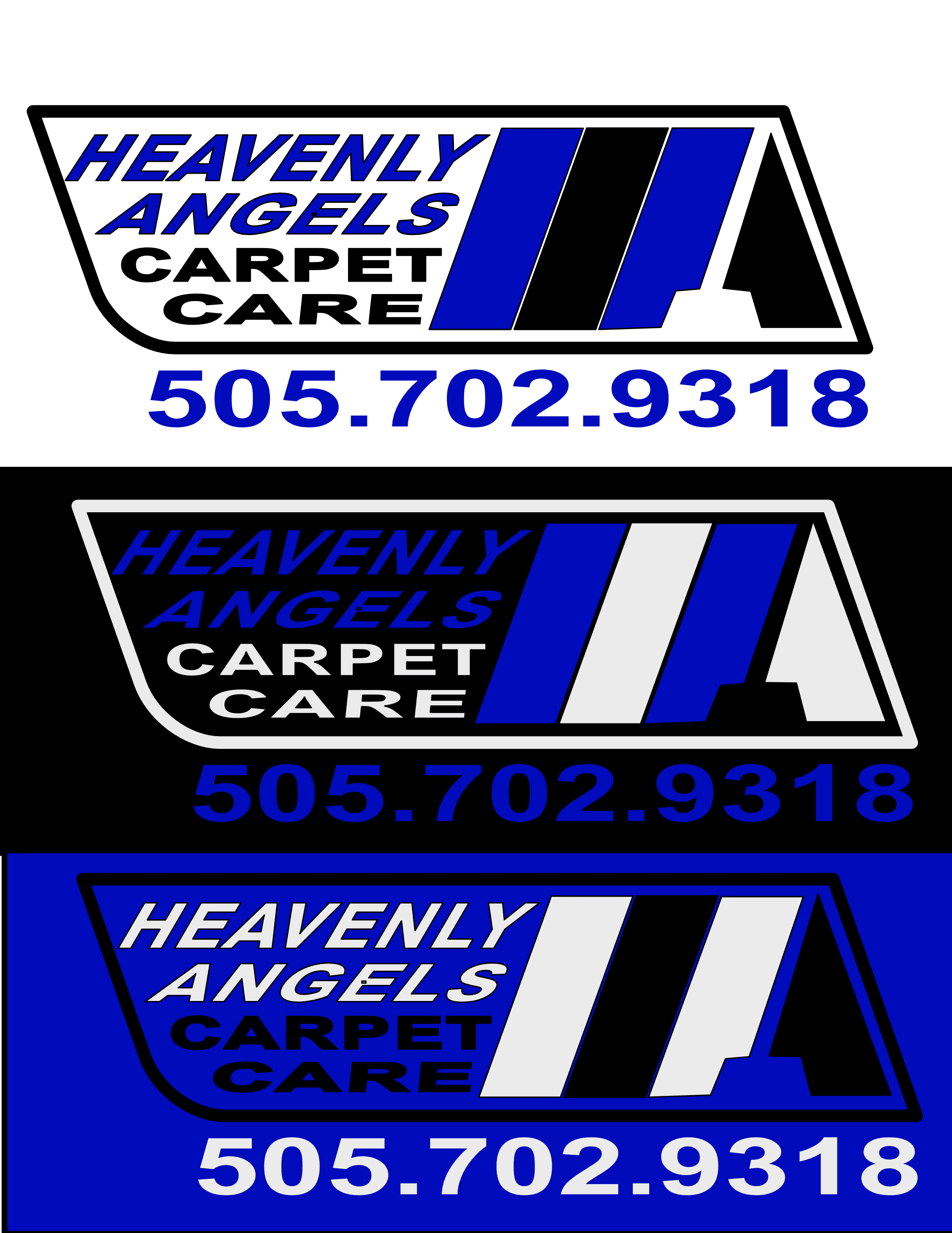 Heavenly Angels Carpet Care logo and phone number shown in three different color combinations.