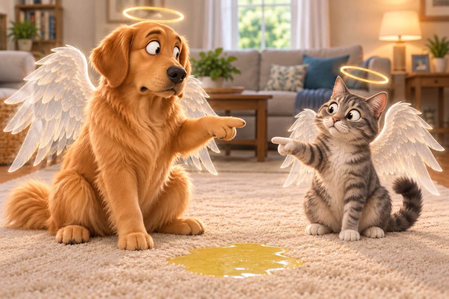 Angelic dog and cat blame each other for a yellow puddle on the carpet.