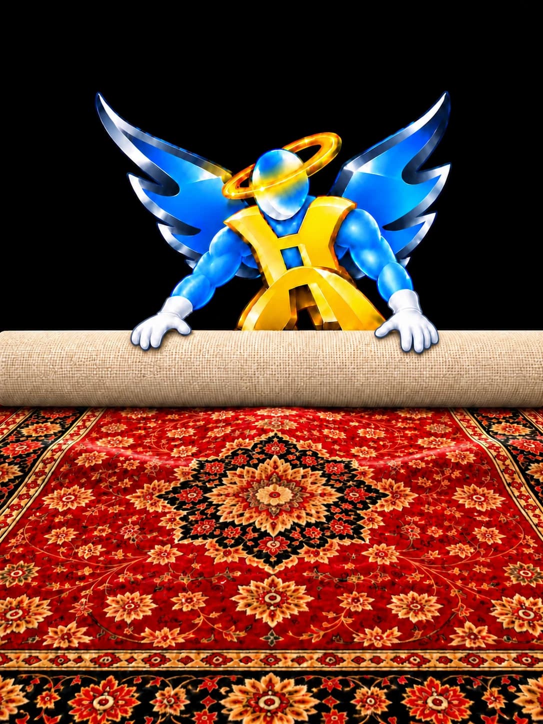 Metallic blue angel with a golden halo unrolling an ornate, red floral patterned rug.